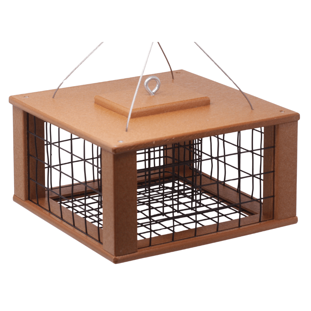 Bird feeder with wire mesh on a white background