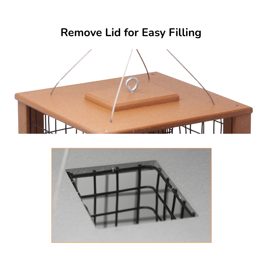 Suet feeder with a lid being removed for easy filling, showing the interior grid.