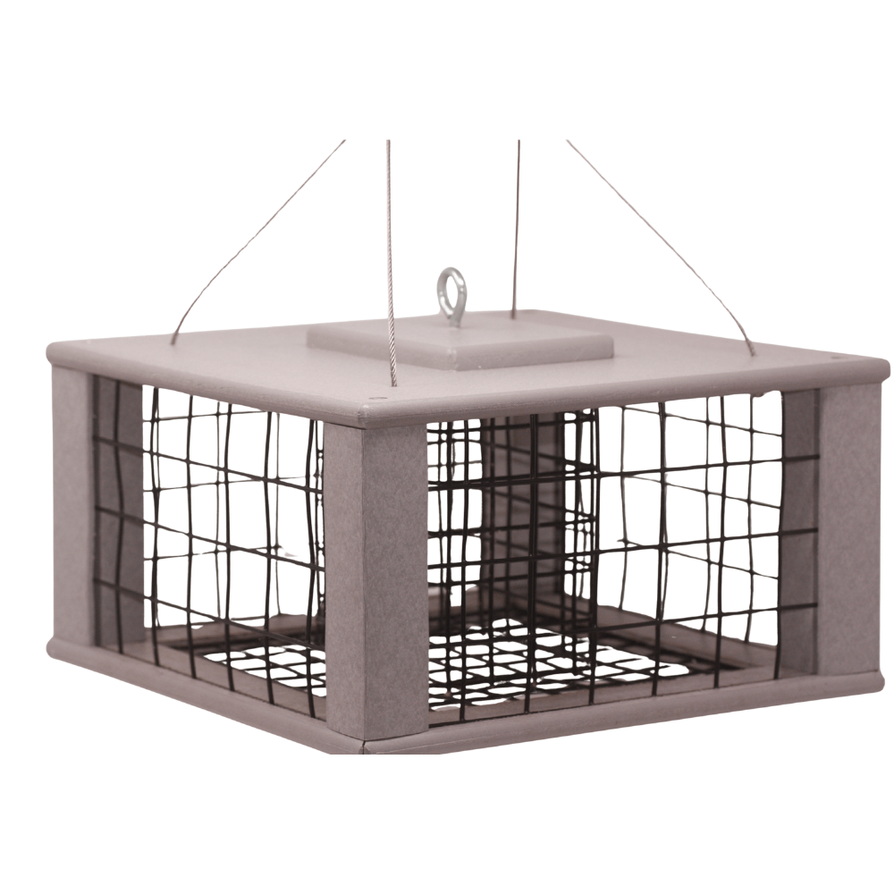 Gray suet bird feeder on white background