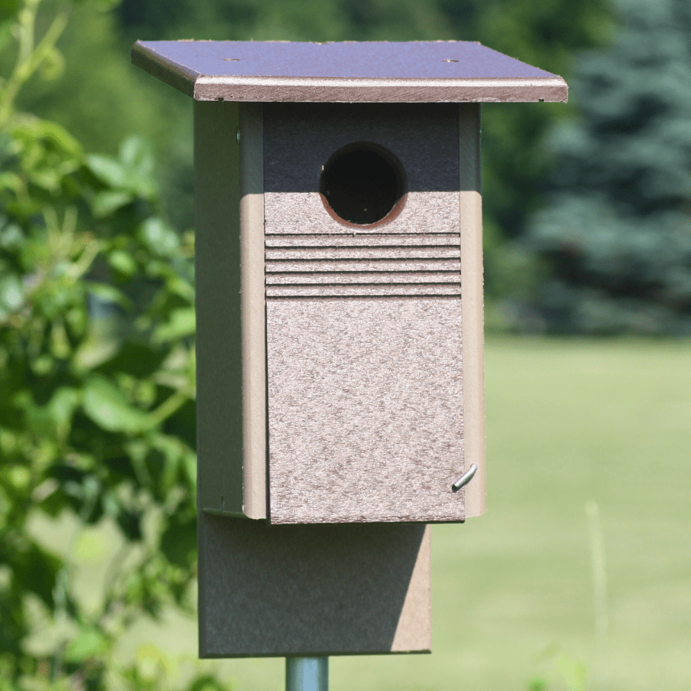 Birdhouse with a natural finish on a blurred green background
