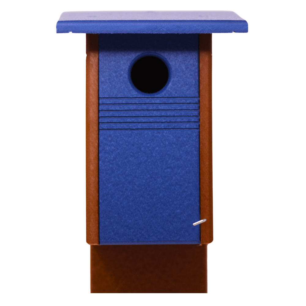 Blue and brown birdhouse on a white background