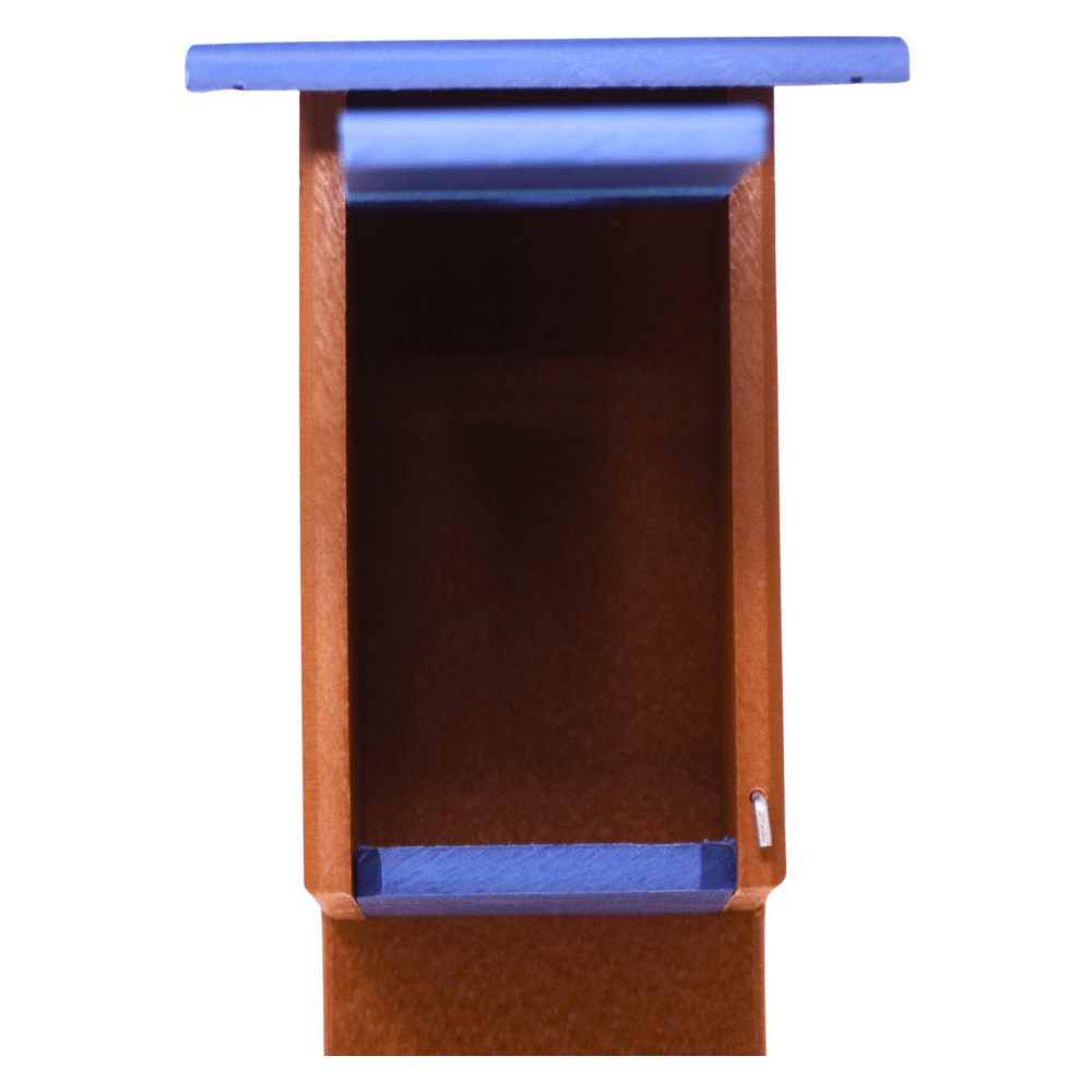 birdhouse with blue accents on a white background