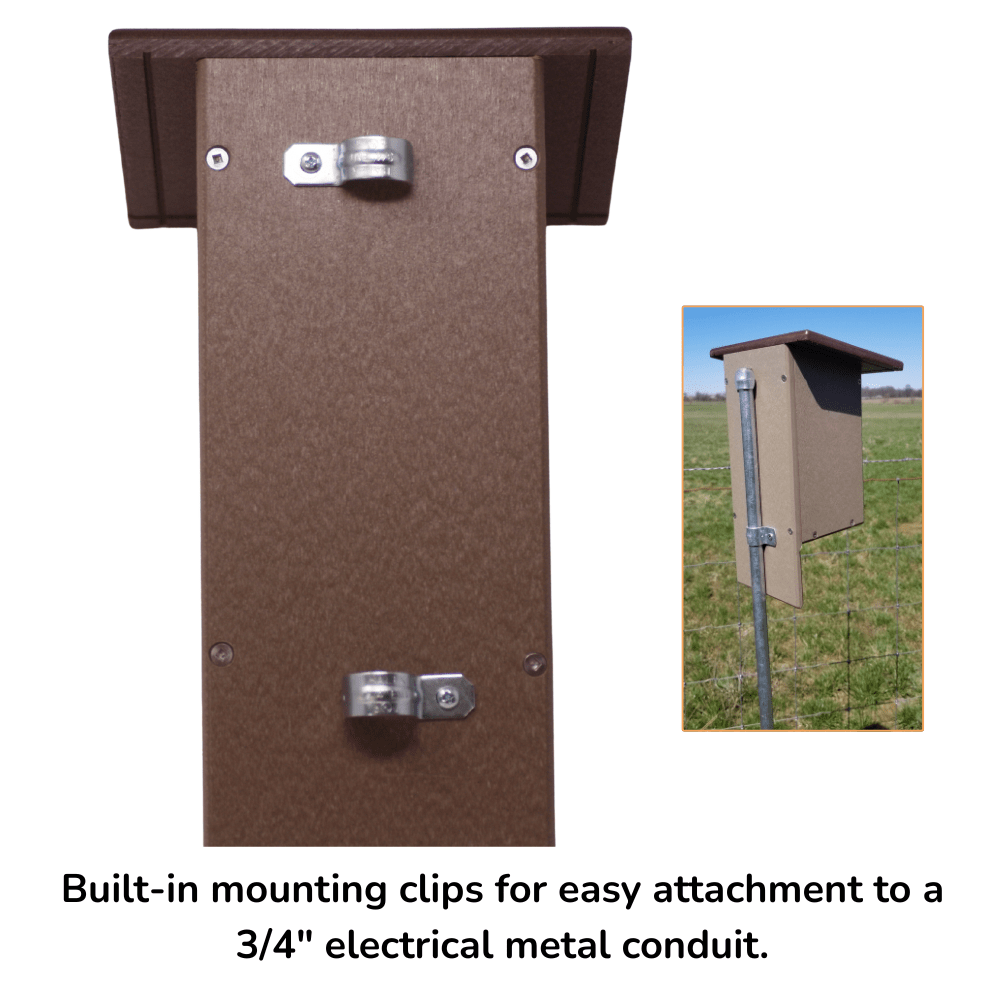 Brown Birdhouse with built-in mounting clips for electrical conduit on a white background.