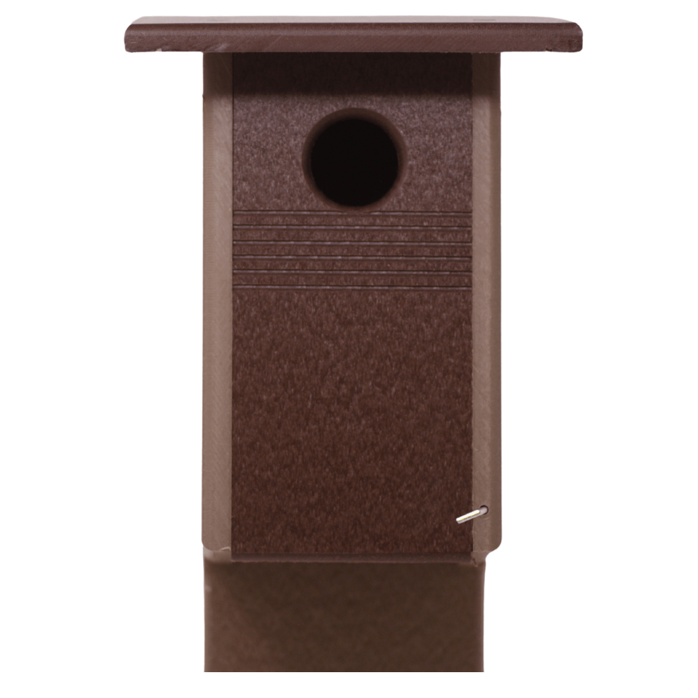 Brown birdhouse with a round entrance hole on a white background