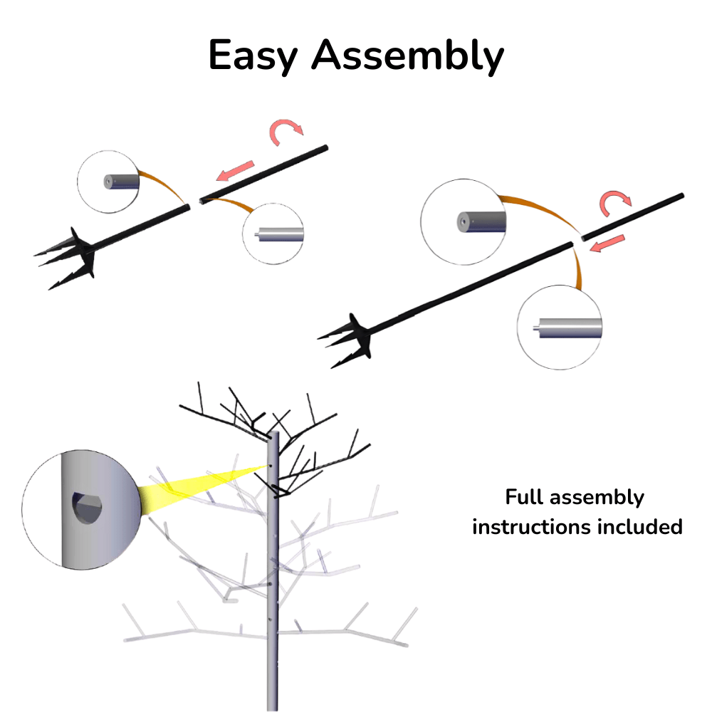 Diagram showing the assembly of a decorative tree with text indicating easy assembly and included instructions.