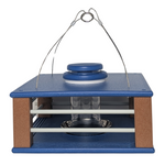 Deluxe Bluebird Blue and cedar bird feeder with a hanging hook on a white background