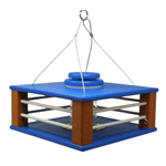 Deluxe Bluebird Blue and cedar bird feeder with a hanging hook on a white background