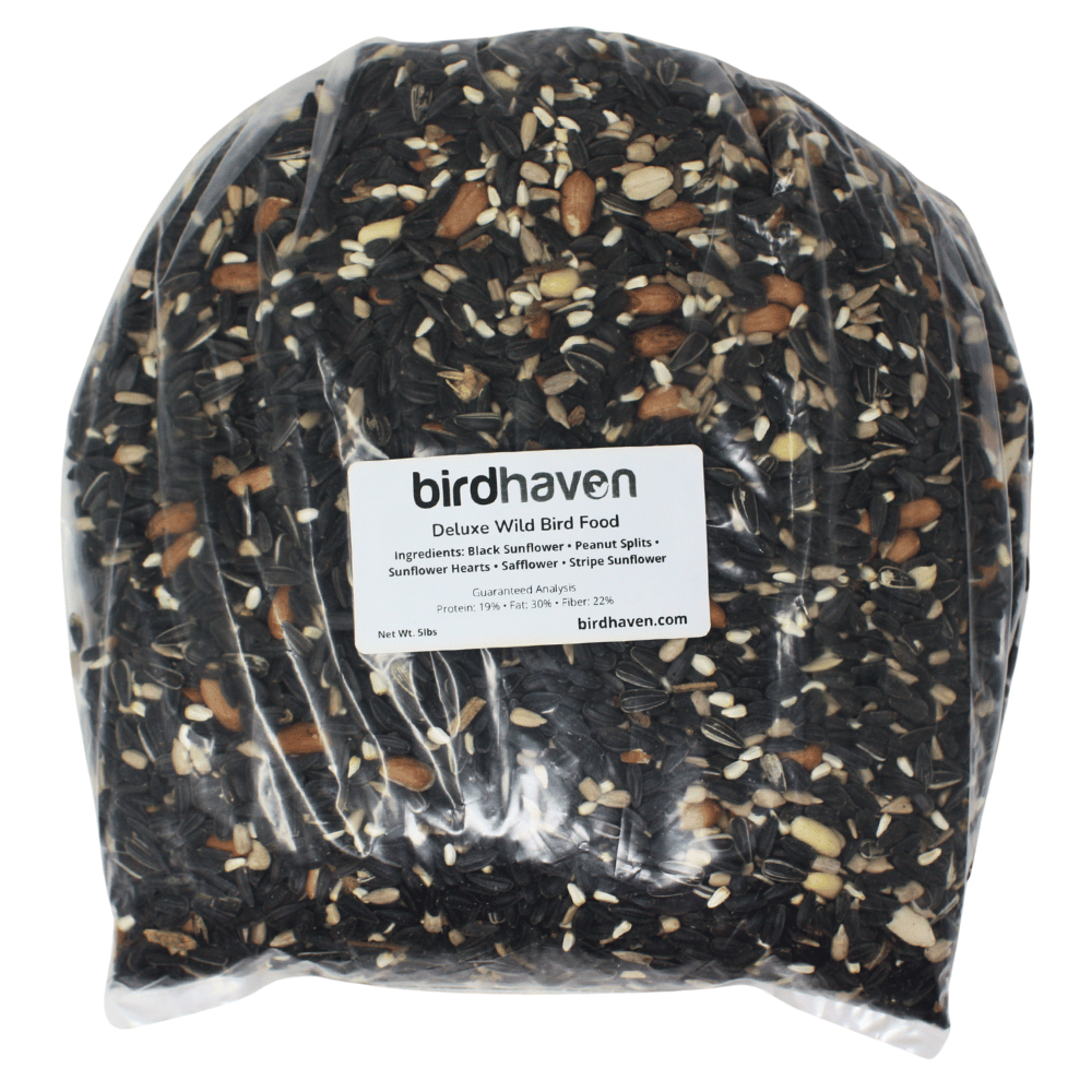 Bag of birdseed labeled 'birdhaven' on a white background