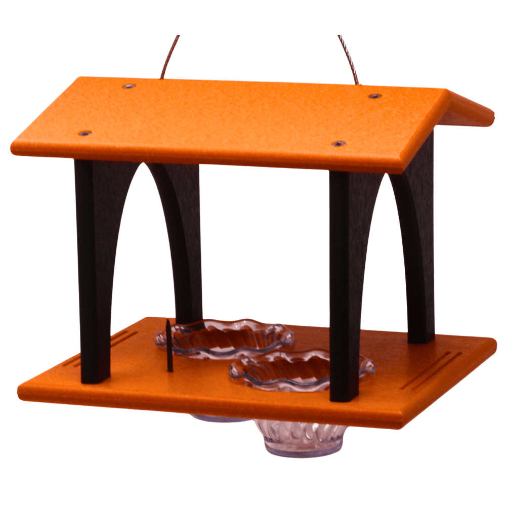 Oriole bird feeder with orange top and black sides on a white background