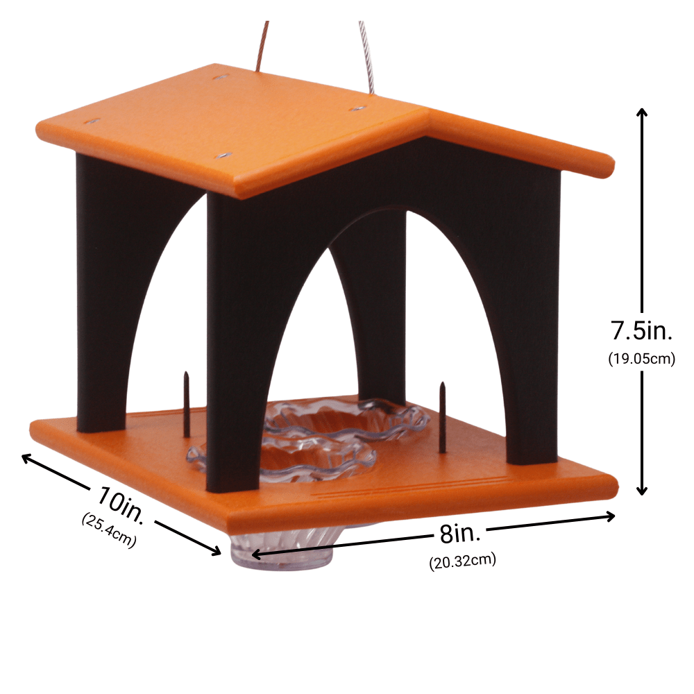 Bird feeder with dimensions labeled on a white background