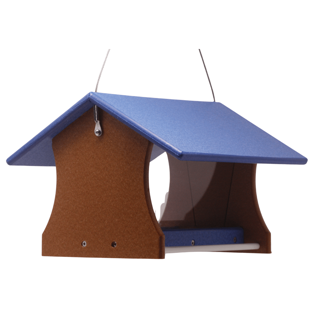 Bird feeder with blue roof and brown body on a white background