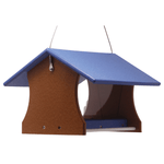 Bird feeder with blue roof and brown body on a white background