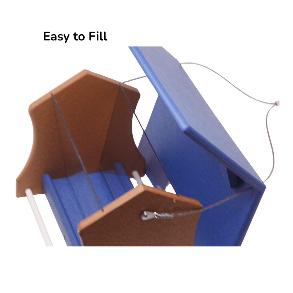 Blue and brown bird feeder with text 'Easy to Fill' on a white background