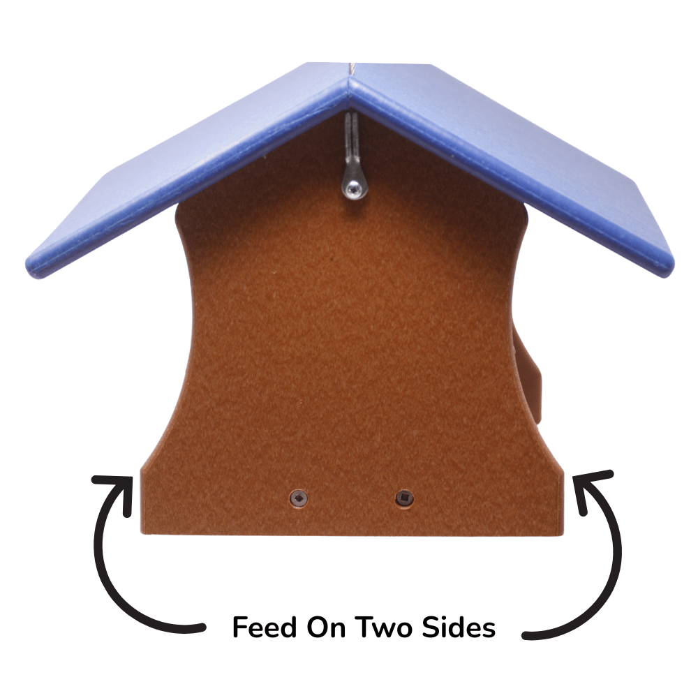 Bird feeder with a blue roof and brown body, showing two feeding sides.