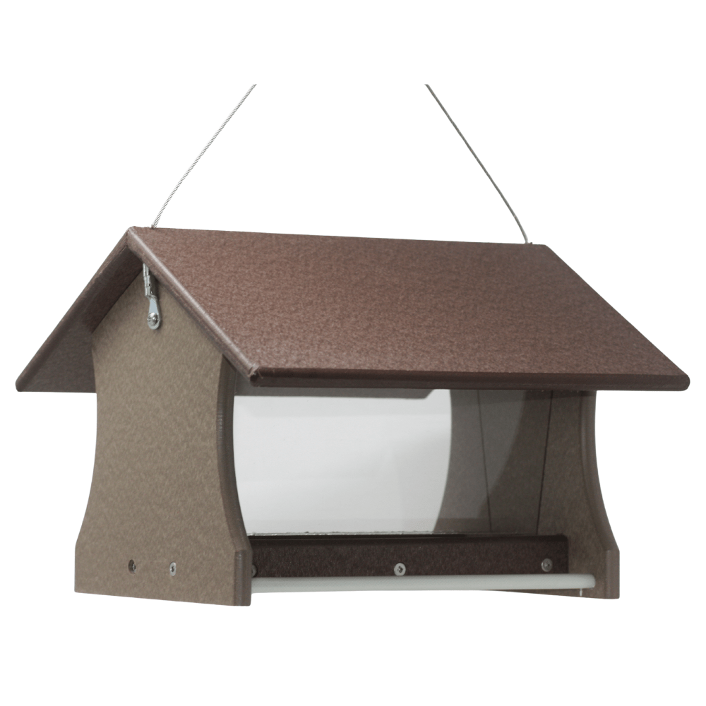 Brown bird feeder with a clear window on a white background