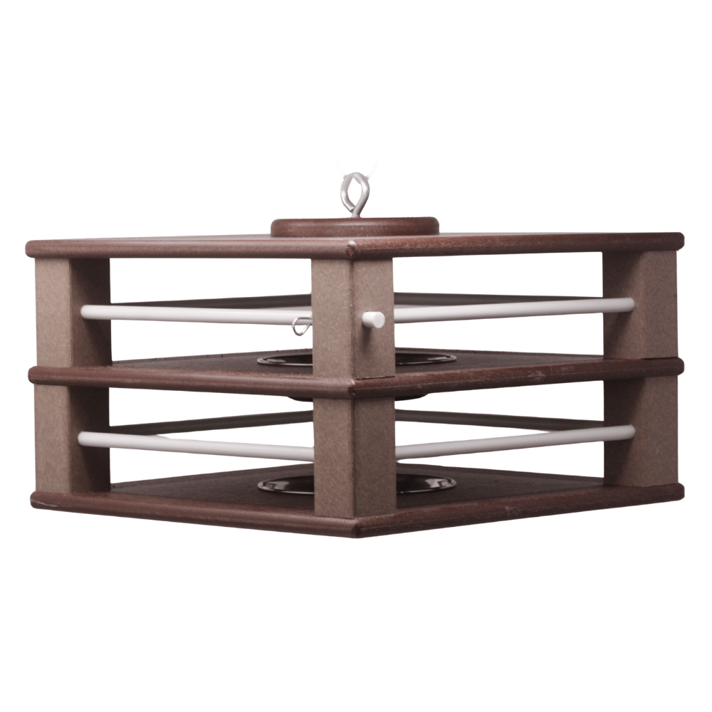 Dual Gilbertson brown bird feeder on white background