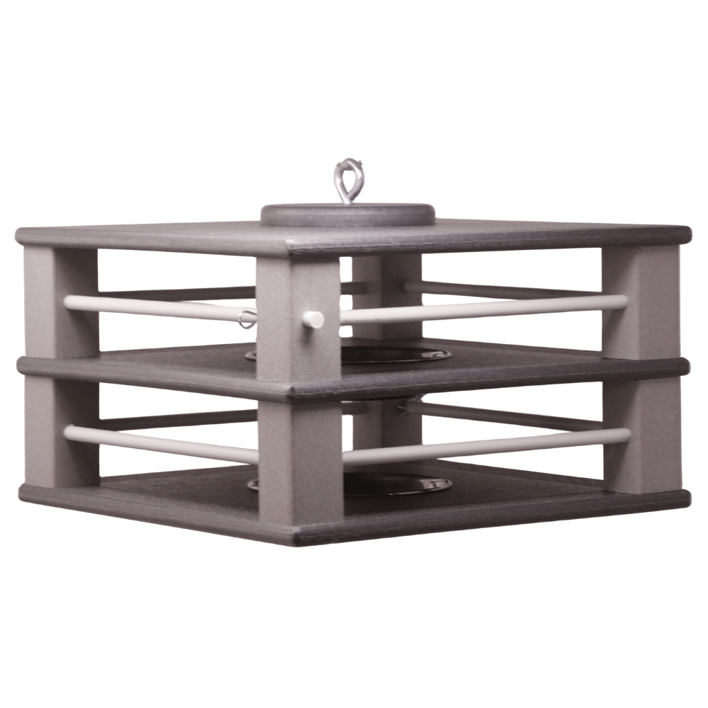 Dual Gilbertson gray bird feeder on white background