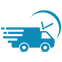 Blue icon of a delivery truck with a clock, representing fast delivery or time-sensitive services.