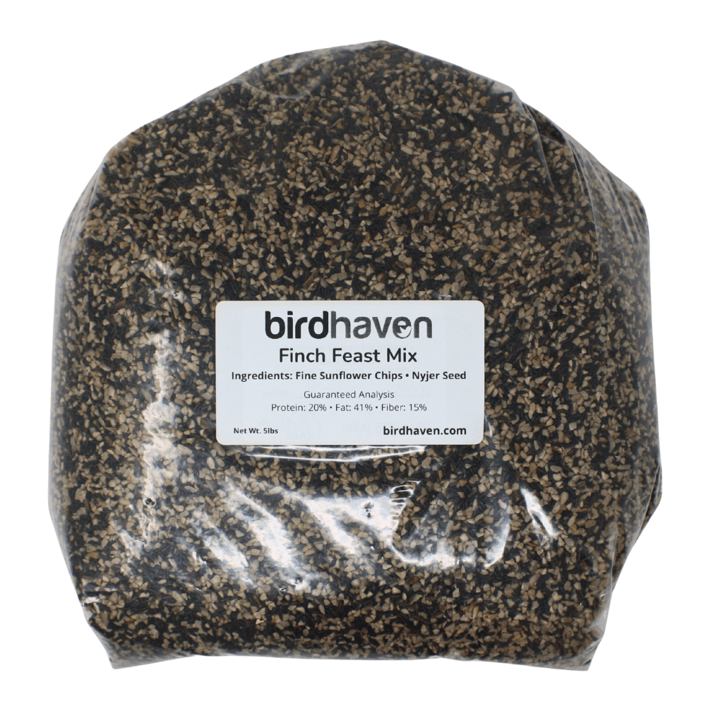 Packaged finch mix birdseed with 'birdhaven' label on a white background