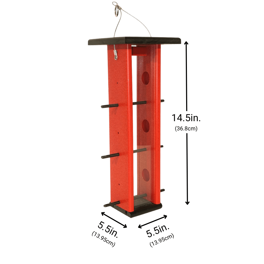Red & Black finch feeder with dimensions labeled on a white background