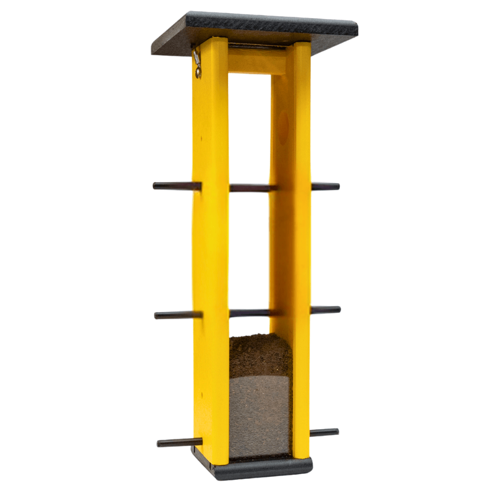 Yellow & black finch feeder on a white background