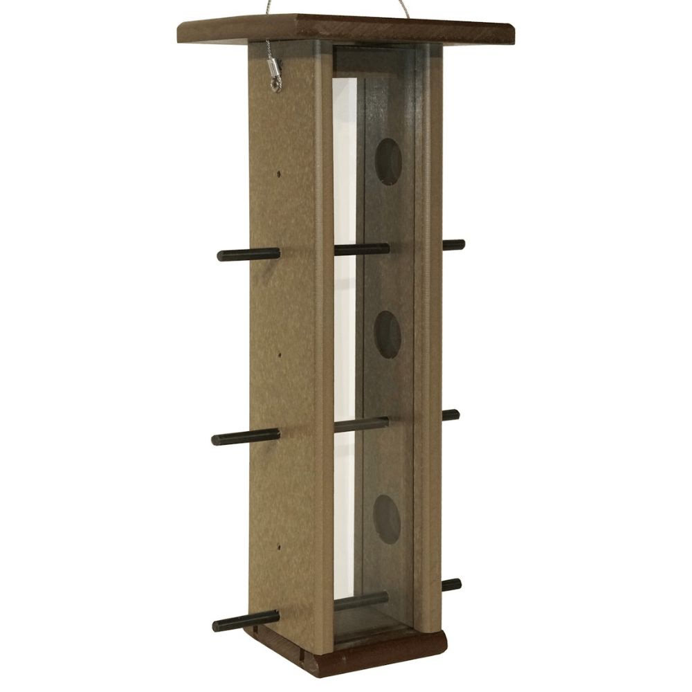 Brown finch feeder with a white background