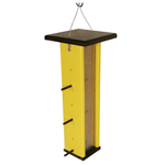 Yellow finch feeder with a black top on a white background