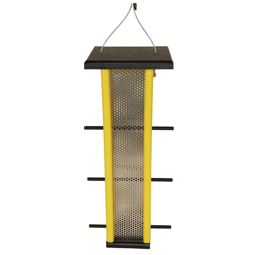 Yellow & Black finch feeder with a mesh screen on a white background