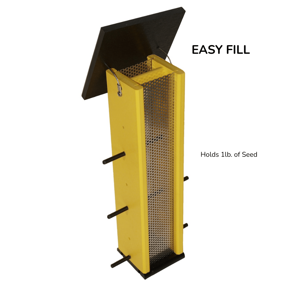 Yellow & Black finch feeder with easy fill on the top