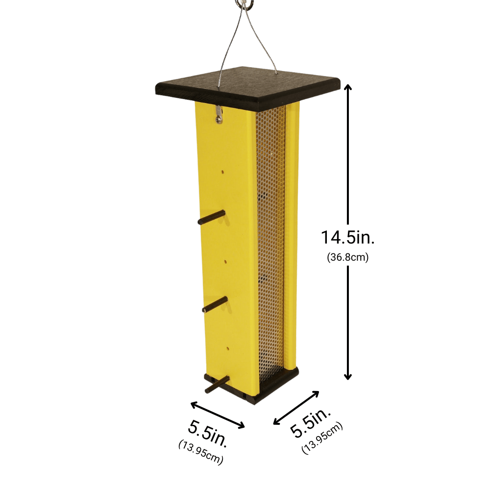 Yellow & Black finch feeder with dimensions