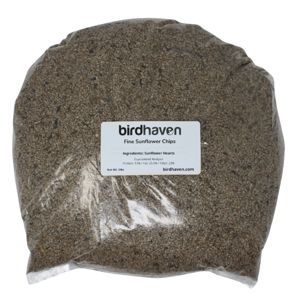 Bag of fine chip sunflower seed labeled 'birdhaven' on a white background