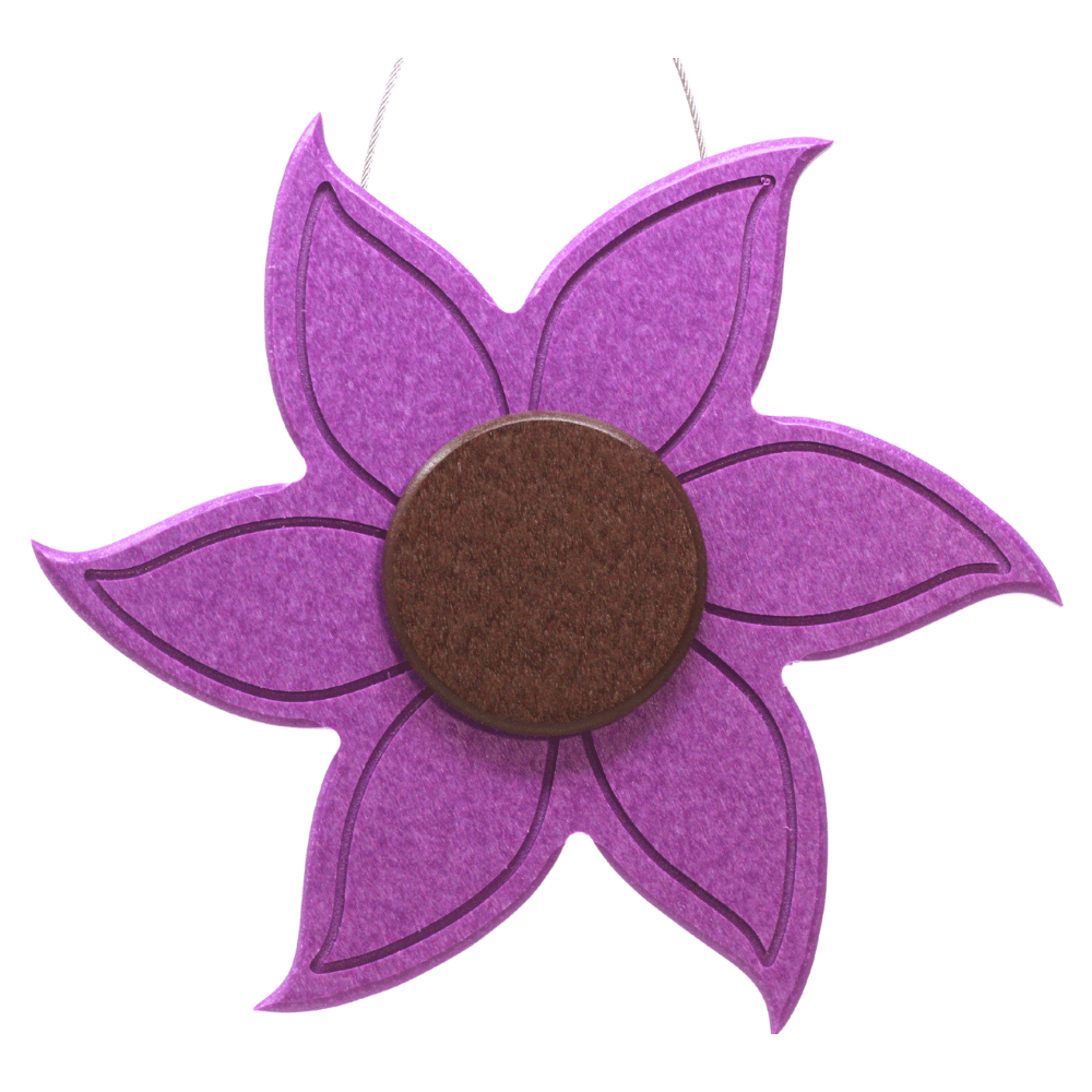 Wildflower-shaped garden accent with purple petals and brown center on a white background