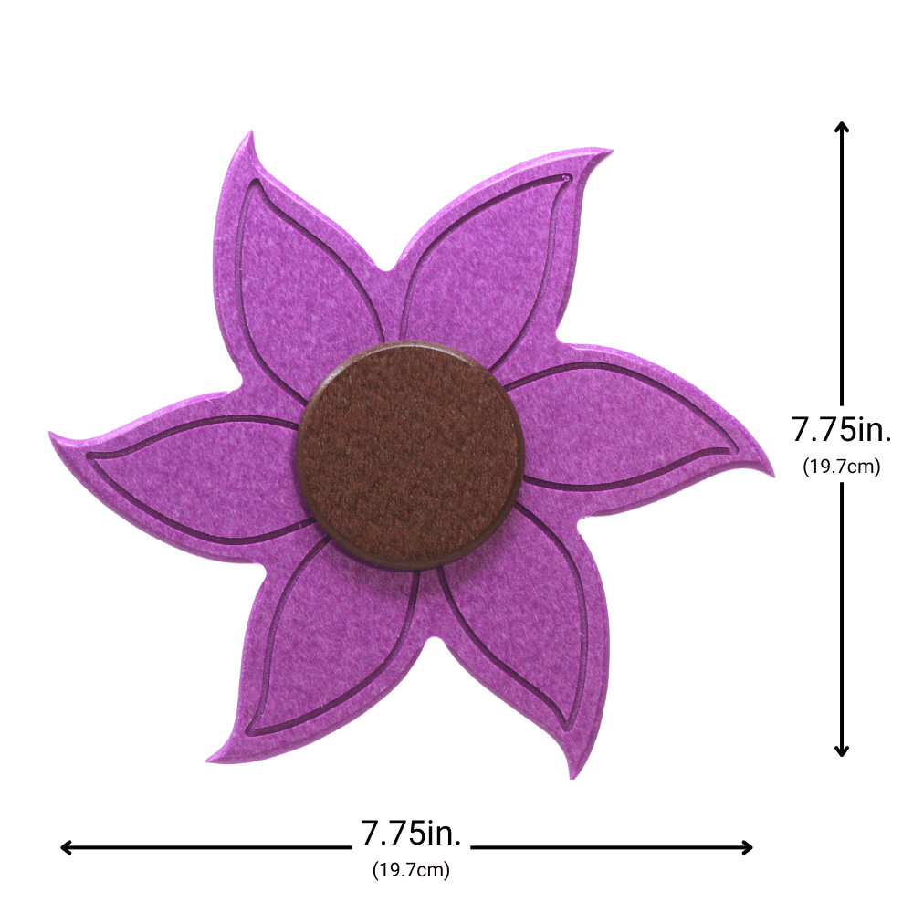 Dimensions of Wildflower-shaped garden accent with purple petals and brown center on a white background
