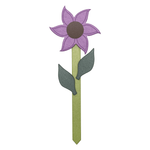 Wildflower-shaped garden accent with purple petals and green stem on a white background