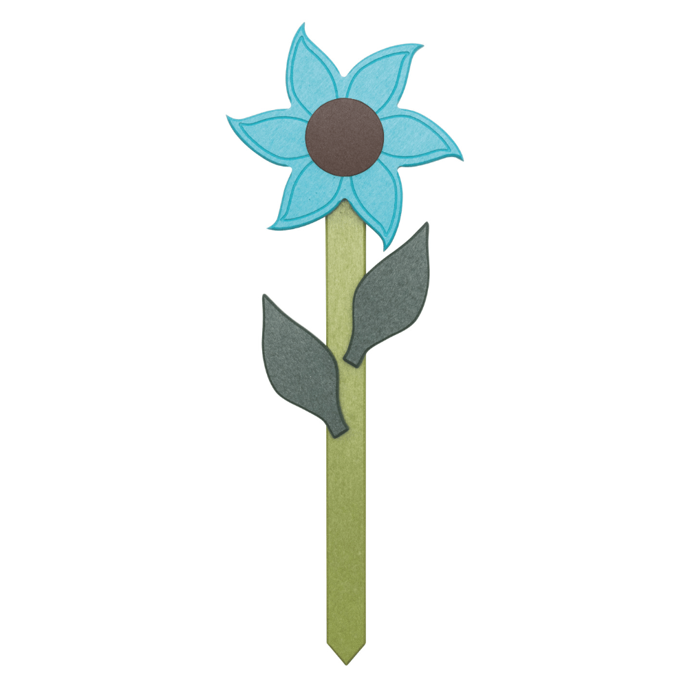 Wildflower-shaped garden accent with Aruba blue petals and green stem on a white background