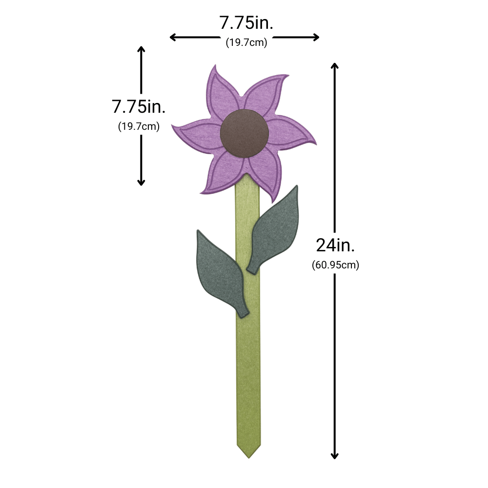 Measurement chart of a Wildflower-shaped garden accent with purple petals and brown stem on a white background