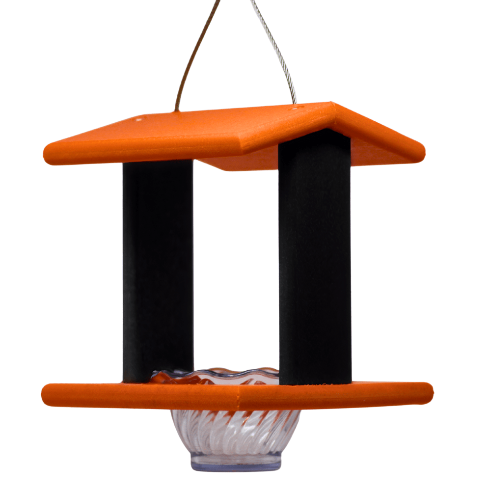 Hanging oriole bird feeder with orange top and black sides on a white background