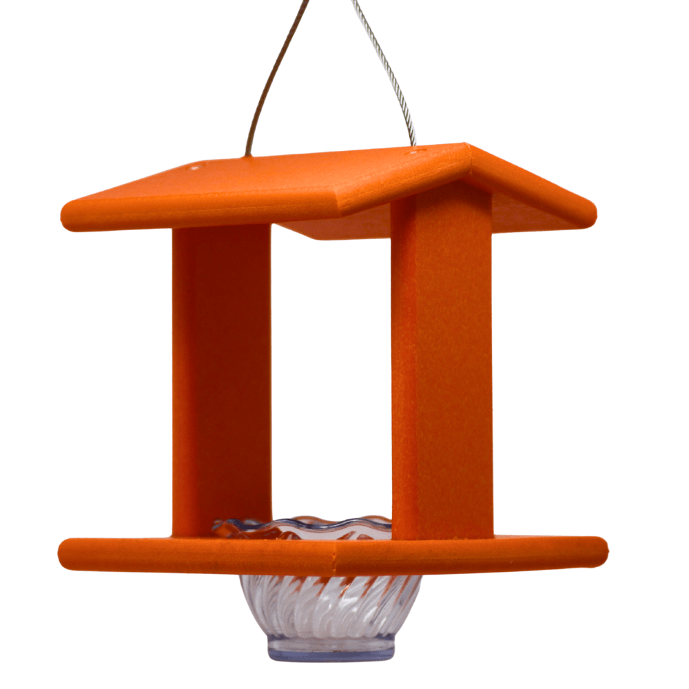 Orange bird feeder with a clear container on a white background