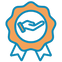 Icon of a handshake within a blue and orange badge