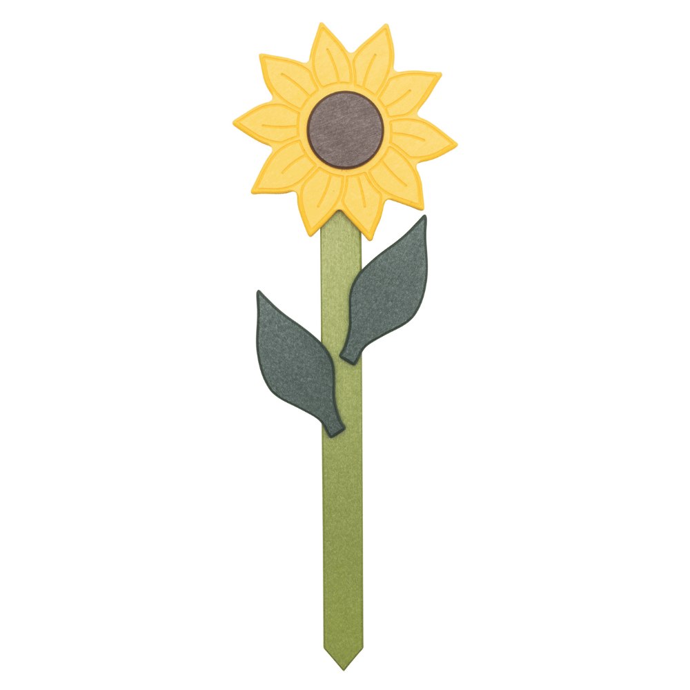 Sunflower-shaped garden accent with yellow petals and green stem on a white background