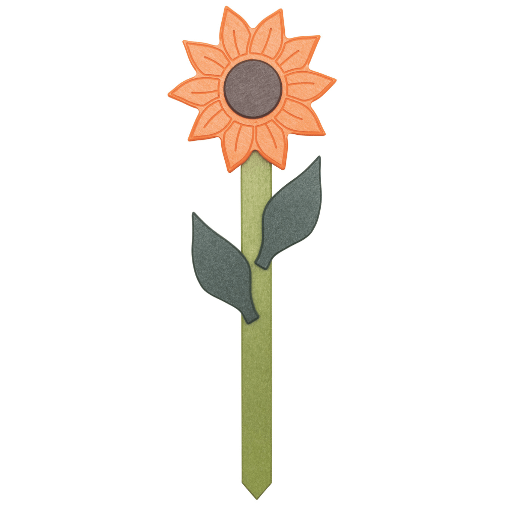 Sunflower-shaped garden accent with orange petals and green stem on a white background