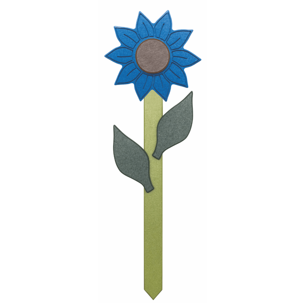 Sunflower-shaped garden accent with blue petals and green stem on a white background