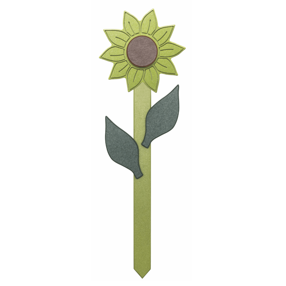 Sunflower-shaped garden accent with lime green petals and green stem on a white background