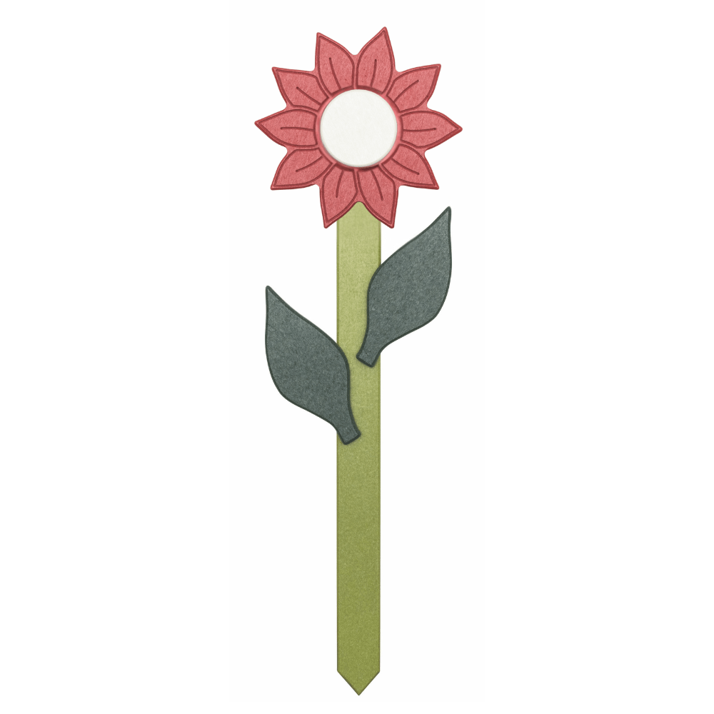 Sunflower-shaped garden accent with bright red petals and green stem on a white background