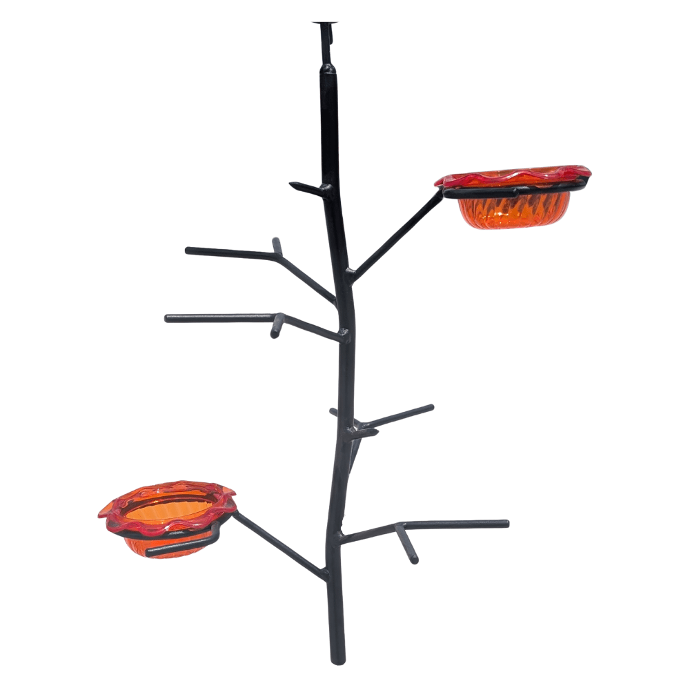 Steel framed Oriole bird feeder with orange bowls on a white background