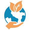 Logo with a hand holding a leaf above a world map, symbolizing global environmental care.