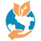 Logo with a hand holding a leaf above a world map, symbolizing global environmental care.