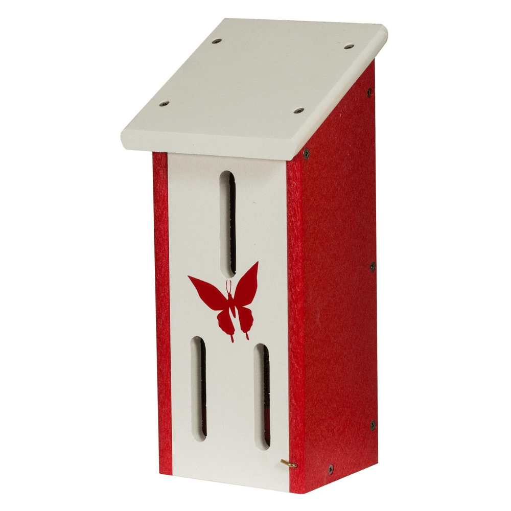 Red and white butterfly house with a butterfly design on a white background