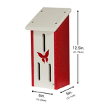 Red and white butterfly house with butterfly design and dimensions on a white background