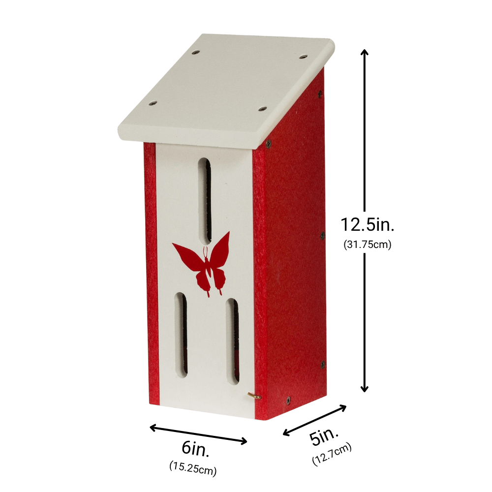 Red and white butterfly house with butterfly design and dimensions on a white background